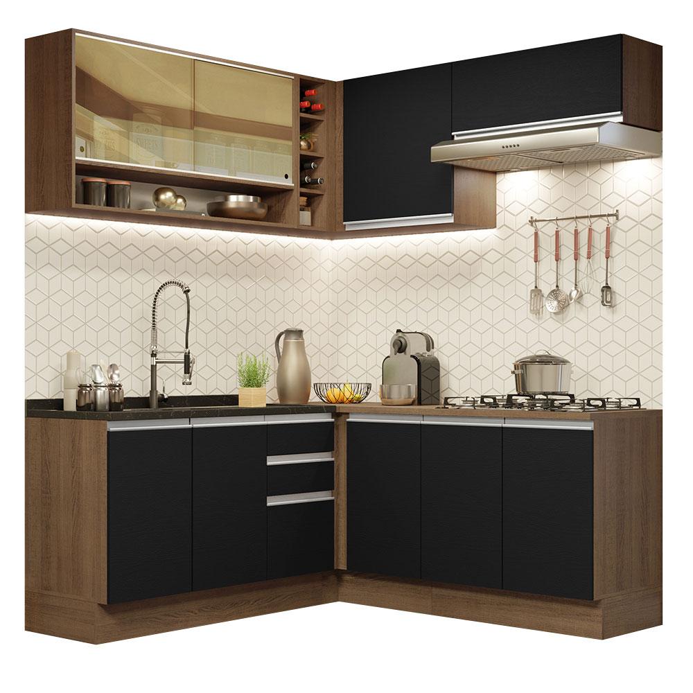 Cozinha Completa de Canto Madesa Glamy 349002 com Armário e Balcão (Sem Tampo e Pia) - Rustic/Preto Rustic/Preto