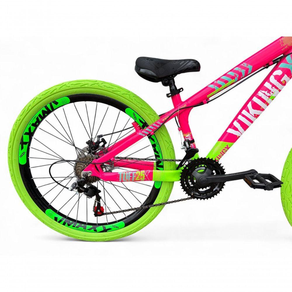 Miniatura Bicicleta Aro 26 Vikingx Tuff X25 Freeride Câmbios Shimano 21v Freio A Disco Aros Vmaxx Pneu Flame - Rosa-verde