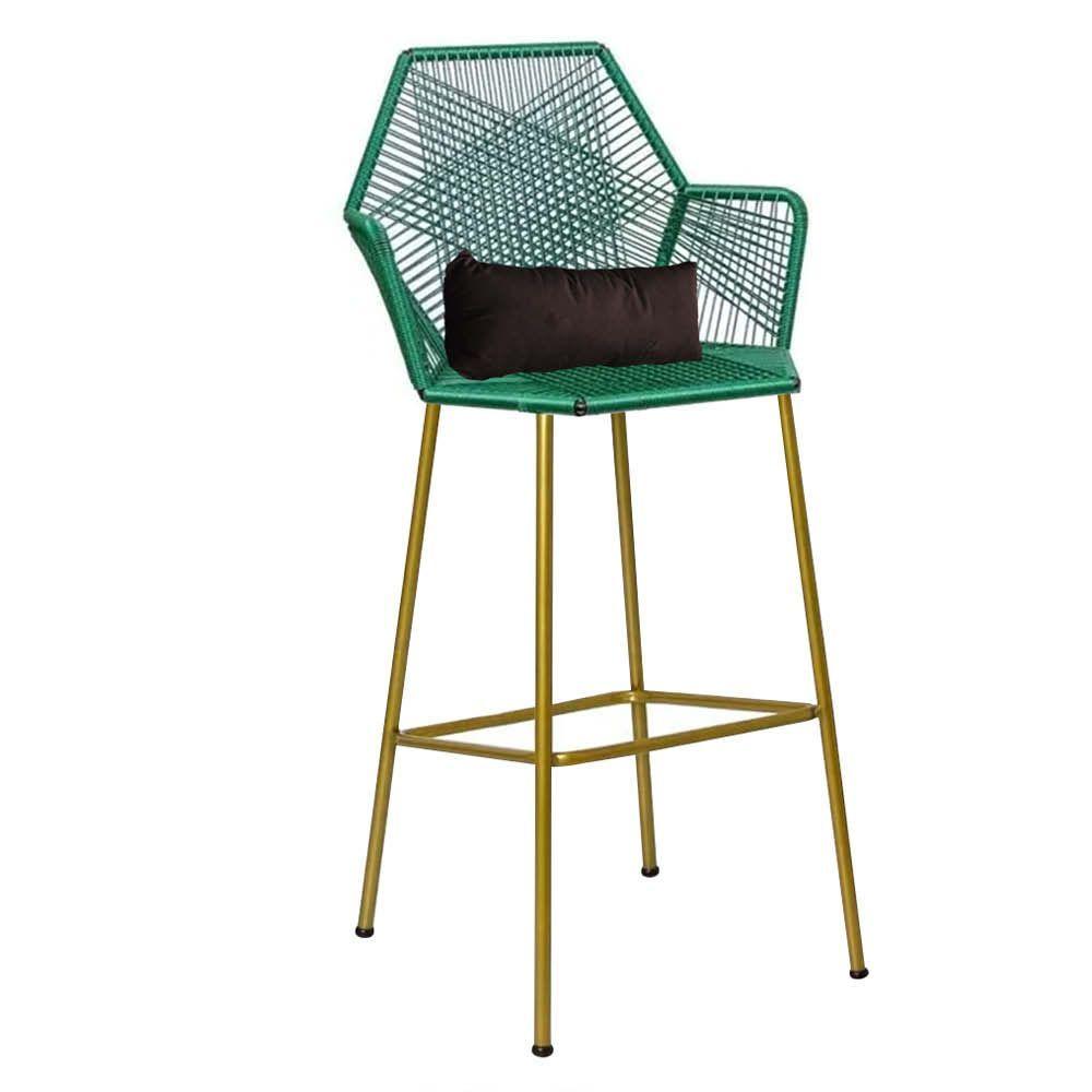 Miniatura Banqueta Alta Com Encosto Ferro Dourado Fibra Verde Almofada Marrom