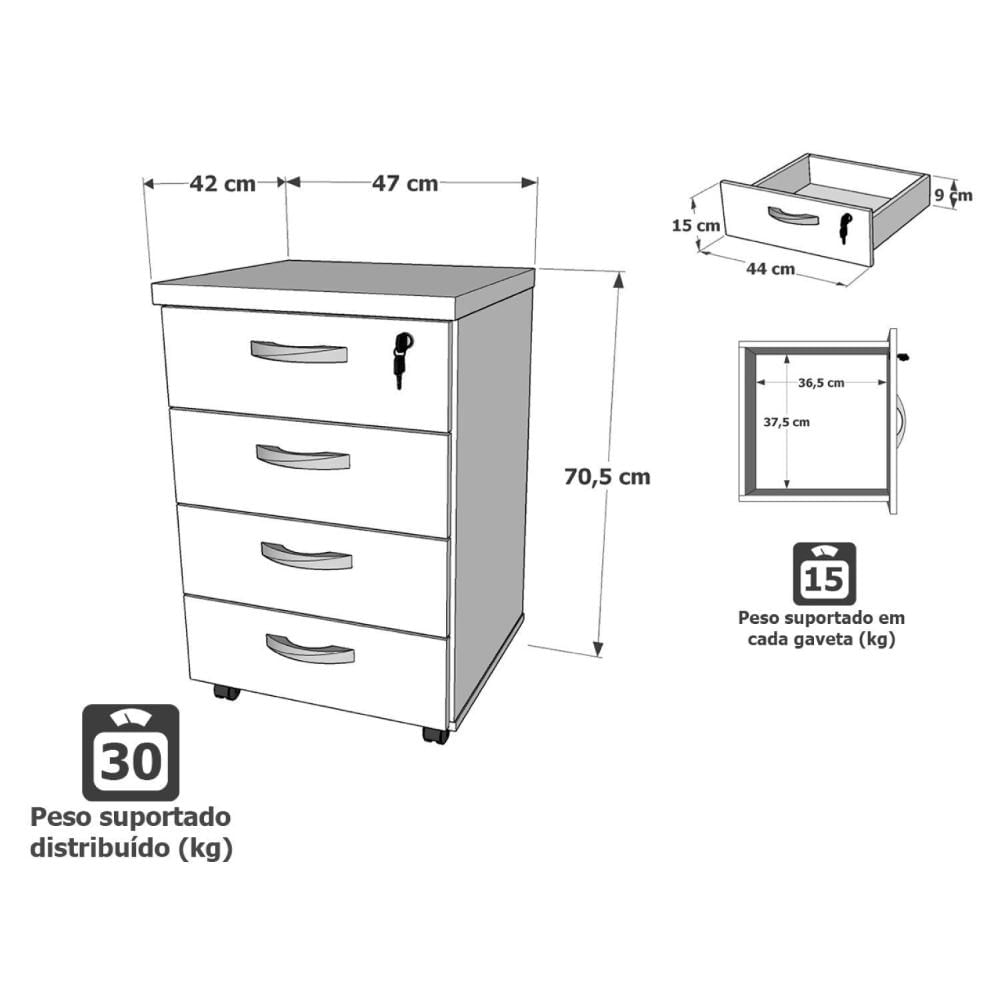 Miniatura Gaveteiro Volante Para Escritório com 4 Gavetas Nogal