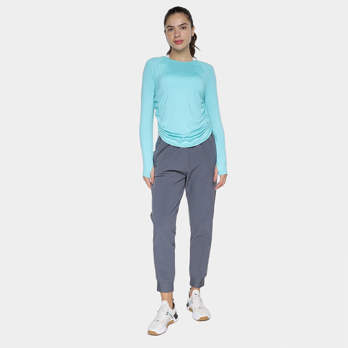 Miniatura Camiseta Manga Longa Under Armour Motion LS Longline Feminina Azul Turquesa+Branco - G