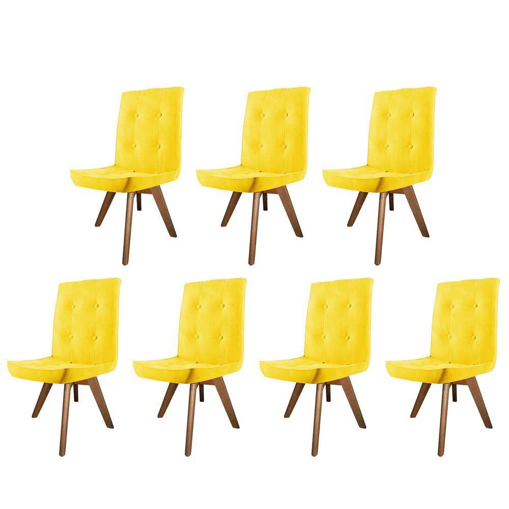 Miniatura Kit 07 Cadeira De Jantar Drop Com Botão Base Giratória Freijó Sintético Amarelo - Amey Decor