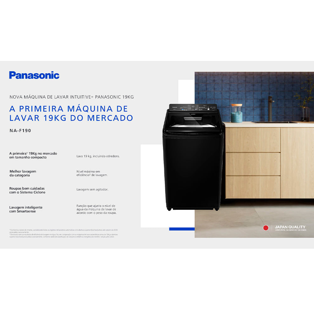 Miniatura Lavadora de Roupas Intuitive+ Panasonic 19Kg Preta com 10 Programas de Lavagem e Smartsense - NA-F190G1 110