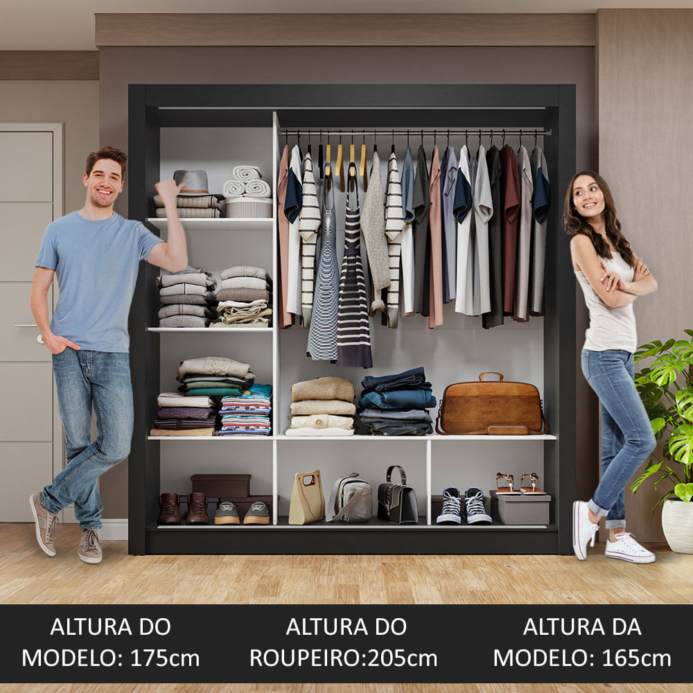 Guarda-Roupa Casal 3 Portas de Correr com Espelhos Preto/Cinza Nobre Madesa Cor:Preto/Cinza