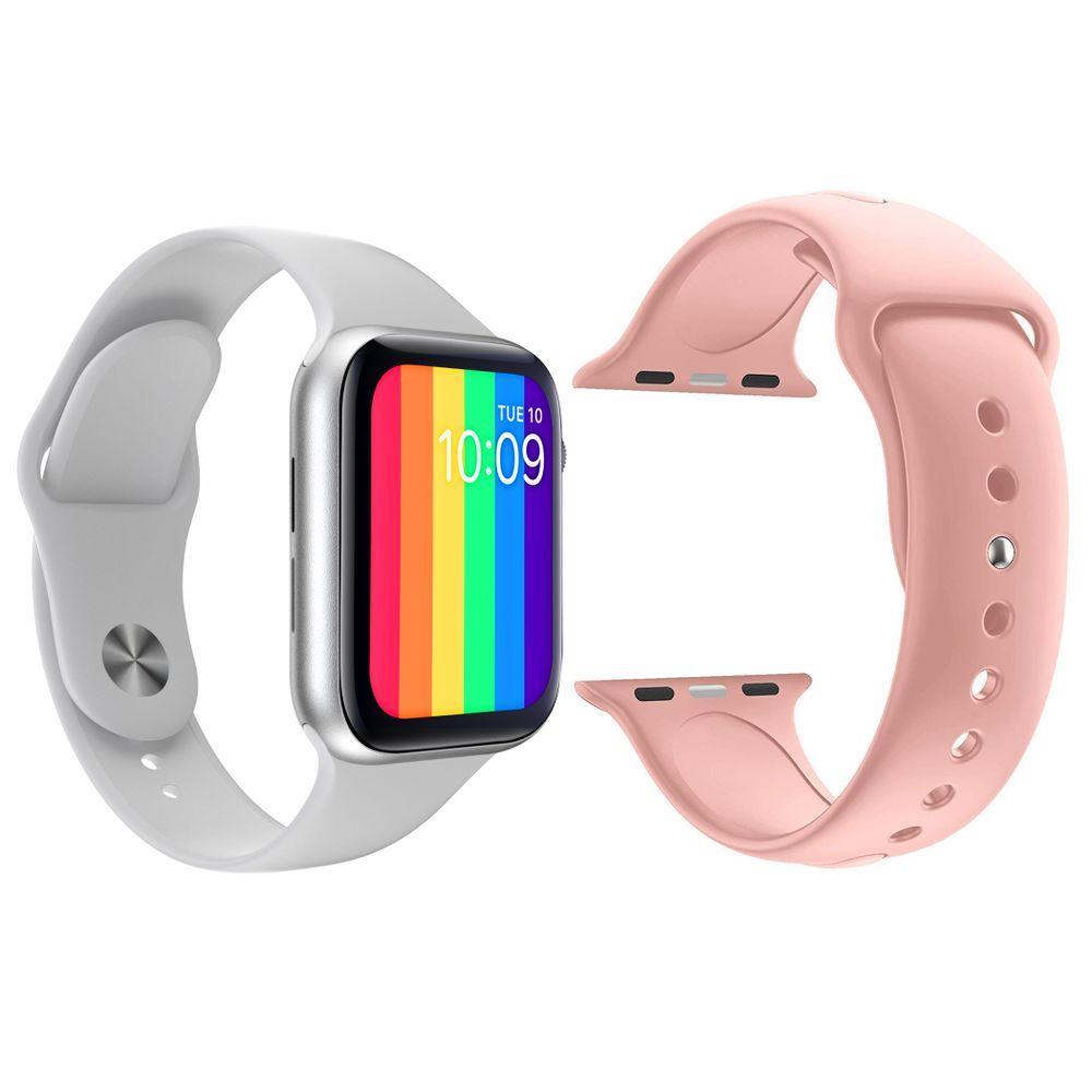 Miniatura Kit 1 Smartwatch Iwo12 Lite Branco + 1 Pulseira Rosa