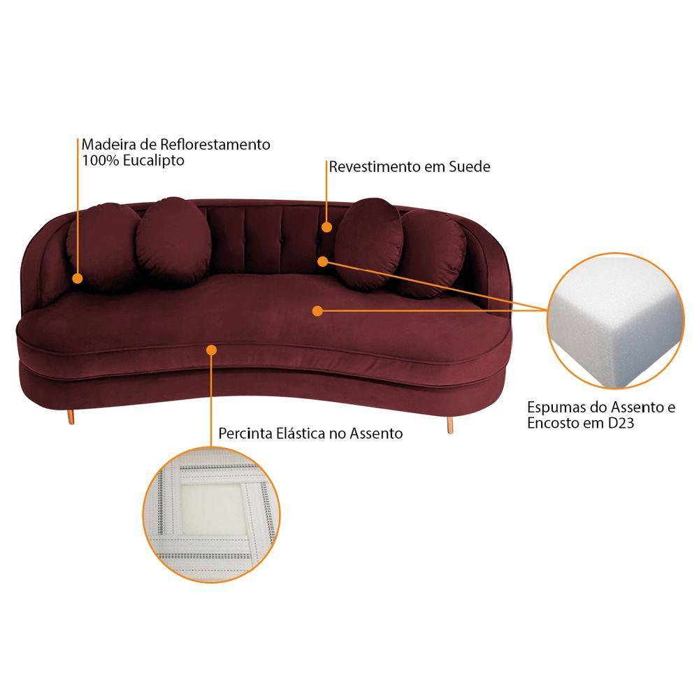 Sofá Curvo 3 Lugares Orgânico Sala Recepção Luxo Panamá 185cm Suede Bordô
