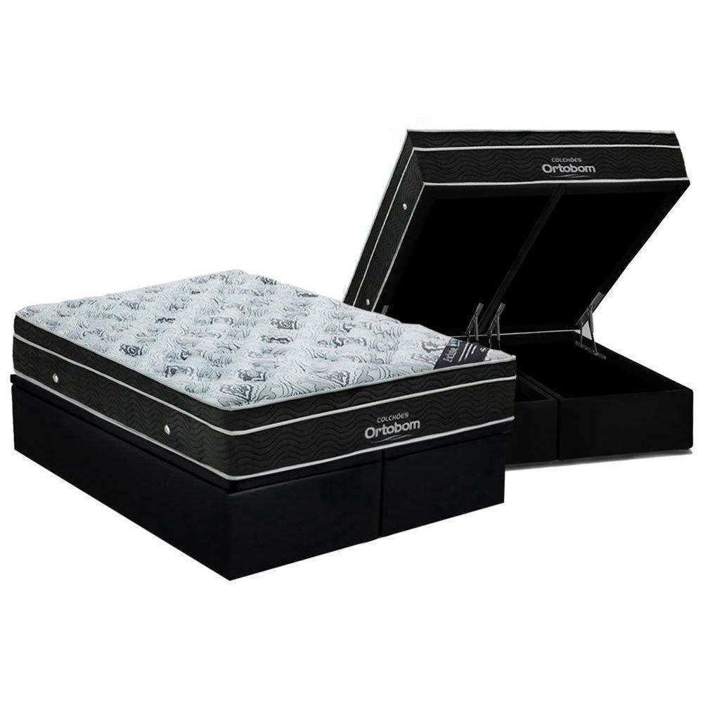 Miniatura Cama Box Baú King: Colchão Molas Ortobom Nanolastic Light + Base Crc Courano Black(186X198)