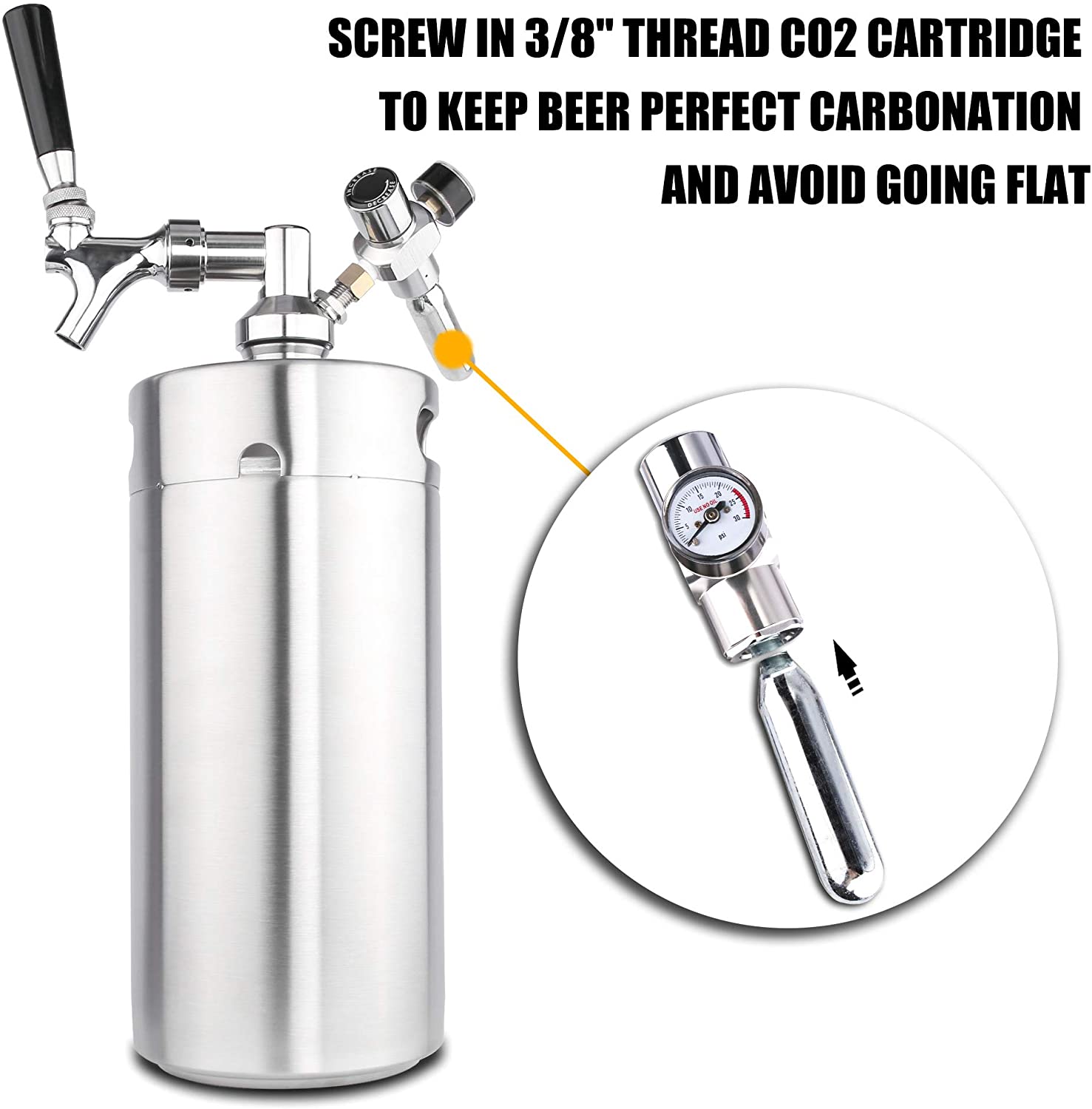 Miniatura TMCRAFT Chopeira Portátil 5L com Torneira e Regulador de CO2 Aço Inoxidável Prata