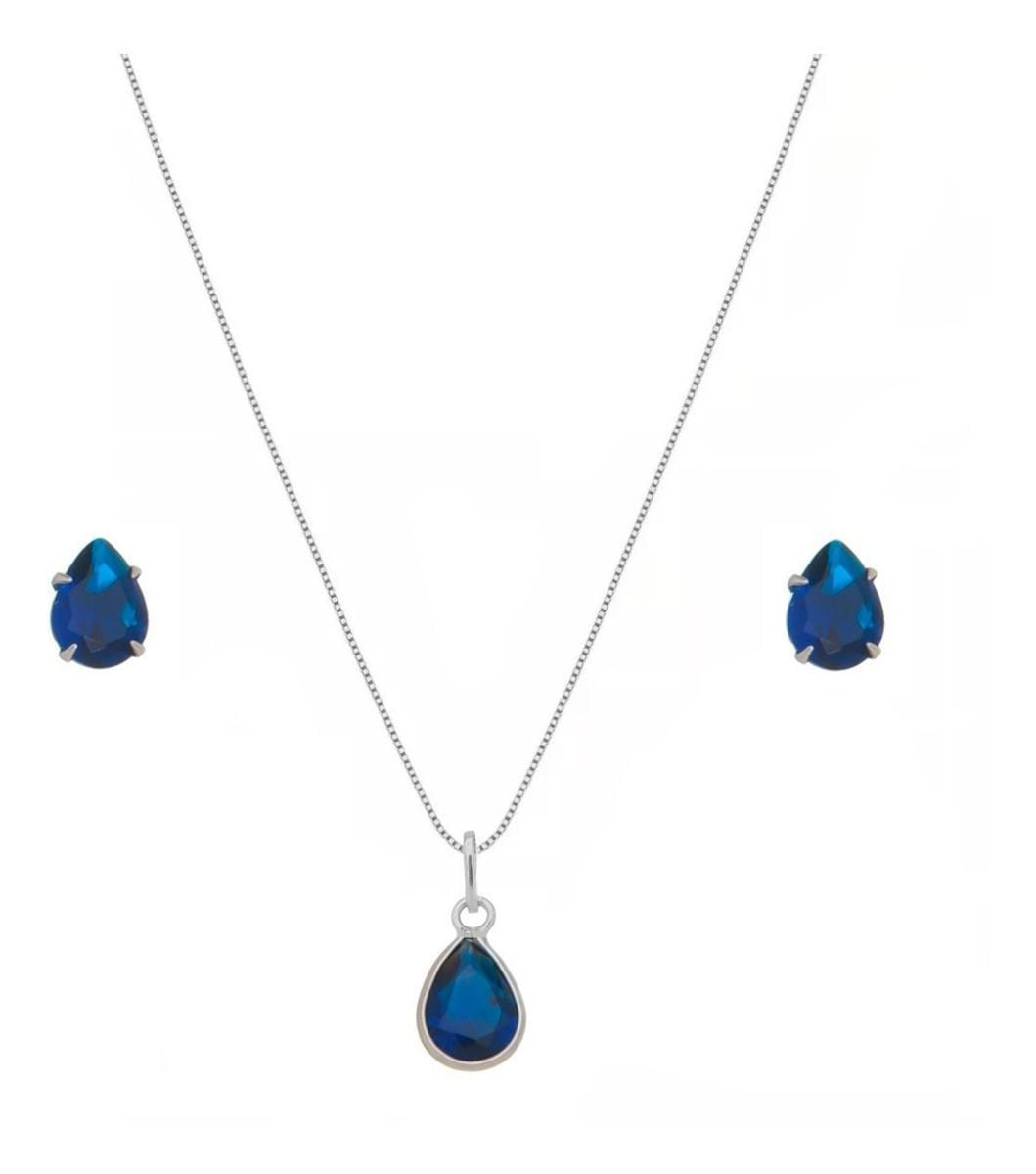 Conjunto Colar Brinco Prata 925 Legítima Pedra Azul, Verde