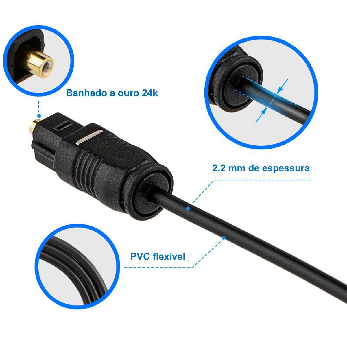 Kit 10 Cabo Optico Audio Digital Som Tv Home 2m Spdif LT-20