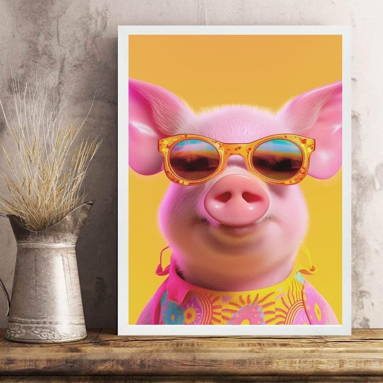 Miniatura Quadro Porquinho Humano - Óculos 33X24Cm - Com Vidro