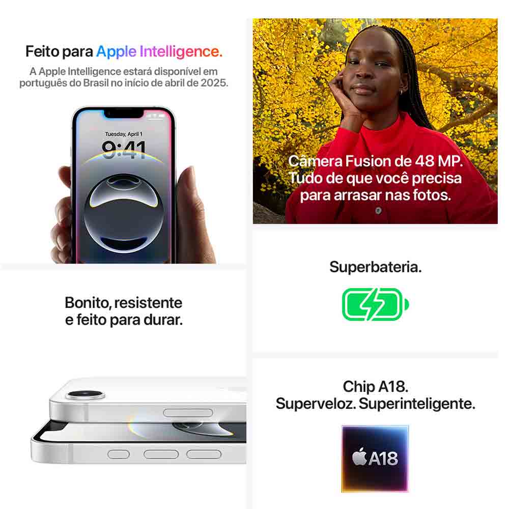 iPhone 16e Apple (128GB) Branco, Tela de 6,1", 5G e Câmera de 48 MP Bivolt
