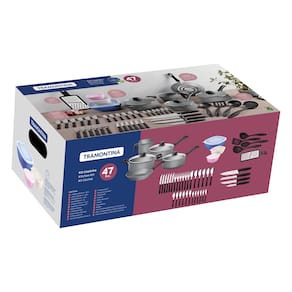 Miniatura Kit de Cozinha 47 Peças Tramontina com Panelas Antiaderentes em Alumínio, Talheres, Facas e Utensílios Domésticos