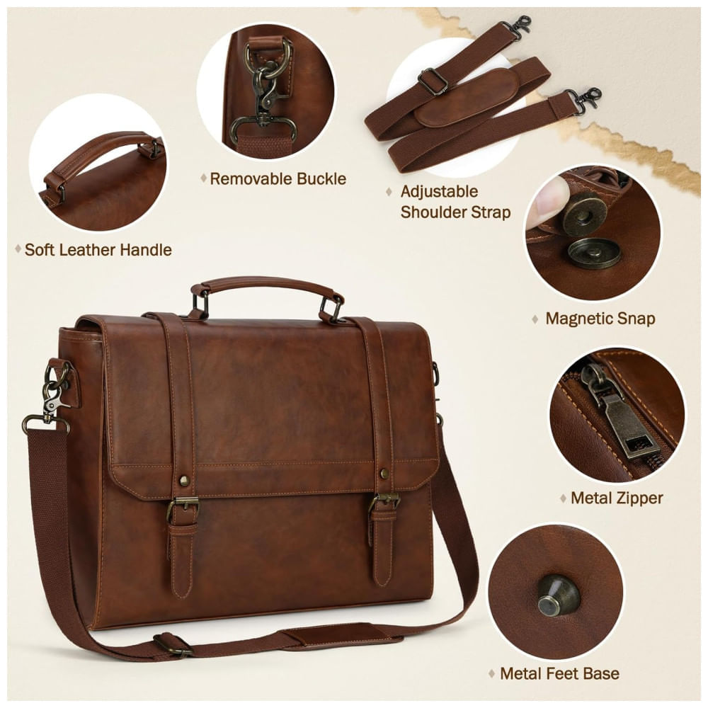 Miniatura Bolsa Carteiro Masculina de Couro Sintético para Laptop com 15,6 Polegadas, IGOLUMON, Marrom 110v