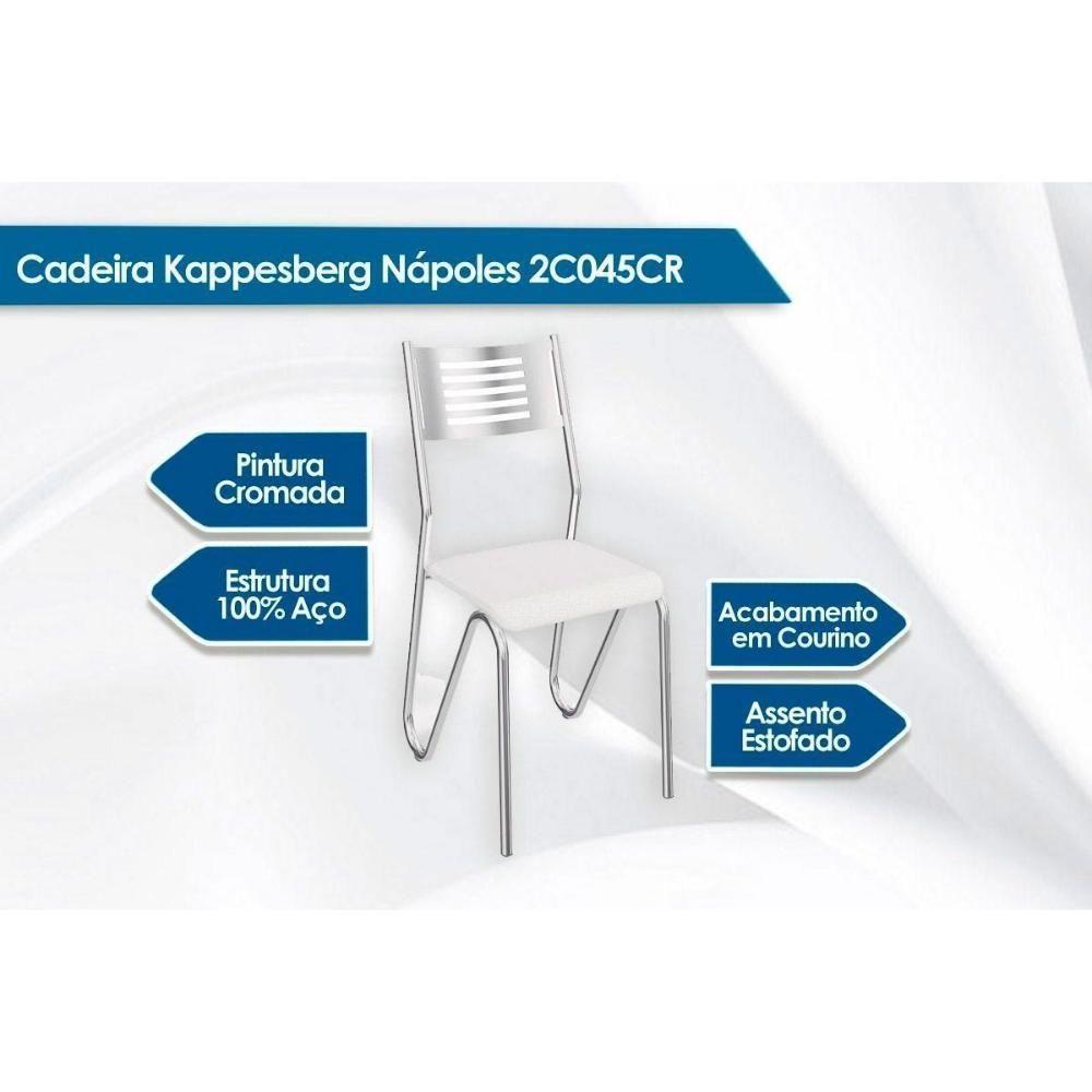 Conjunto: Mesa Sala Jantar Volga C/ Tampo Vidro 140cm + 6 Cadeiras Nápoles Cromado/courano Branco