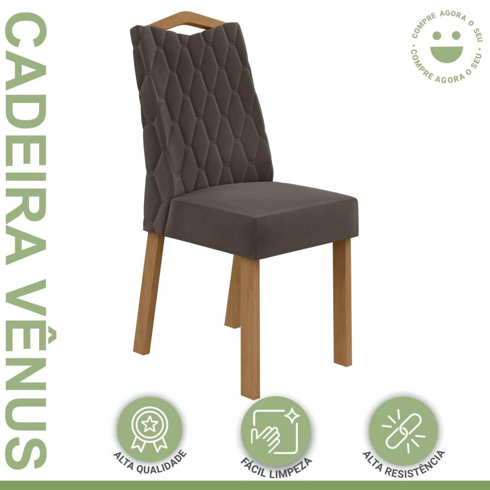 Conjunto 2 Cadeiras para Sala de Jantar Estofadas Vênus Amêndoa Clean/Veludo Liso Marrom