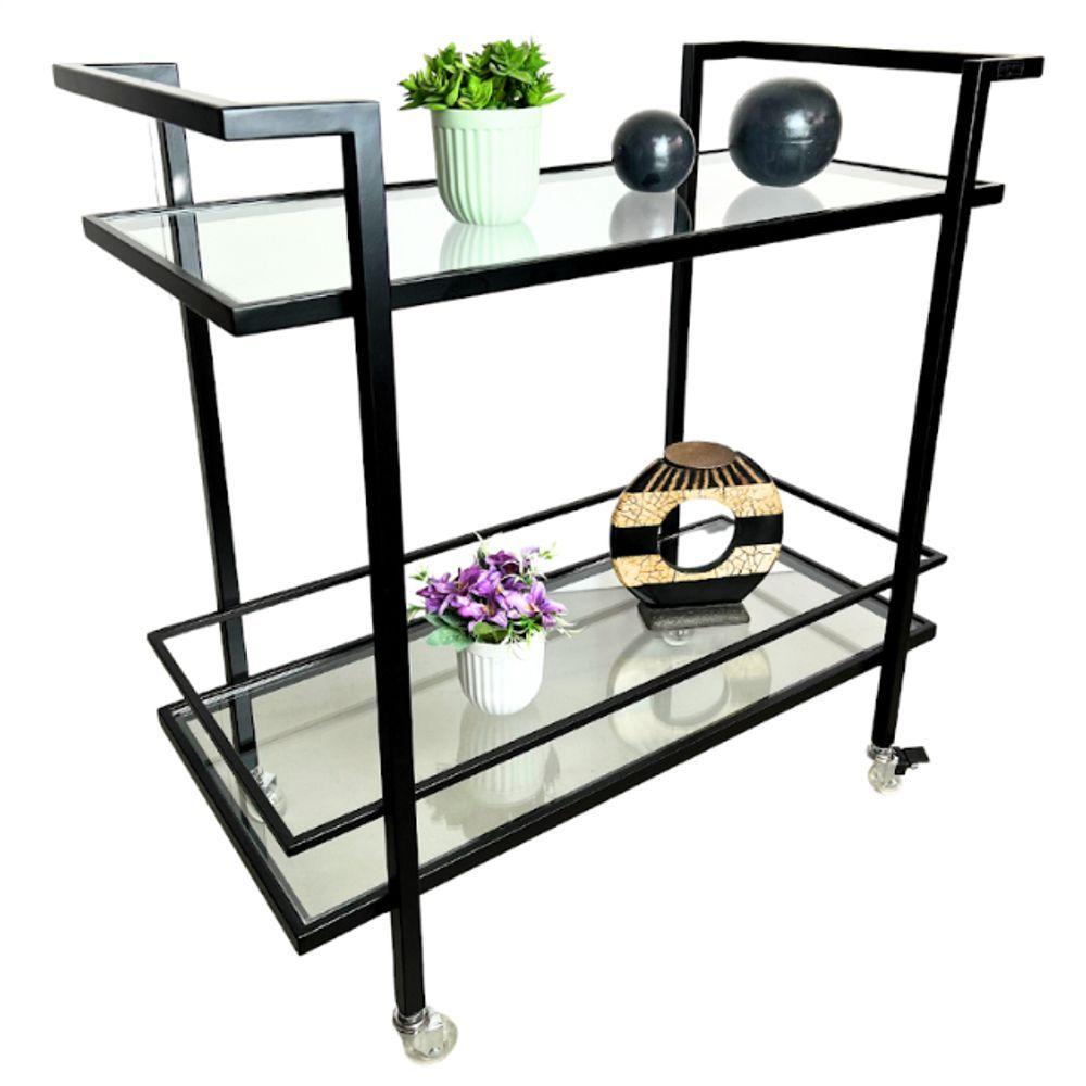 Miniatura Carrinho Decorativo Multiuso Industrial Preto Com 2 Prateleiras Em Vidro Incolor
