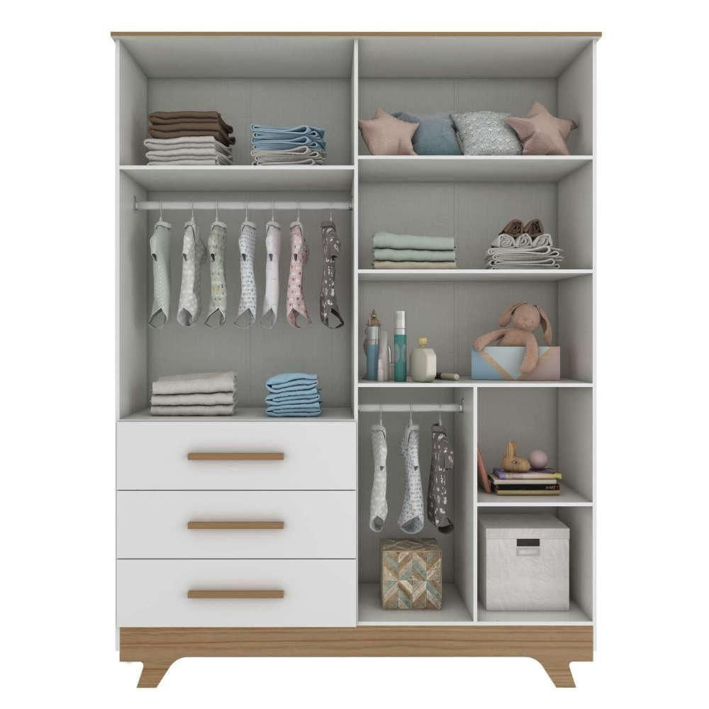 Quarto De Bebê Com Guarda Roupa 4 Portas Com E Berço Retrô Moveis Peroba Branco Brilho/carvalho