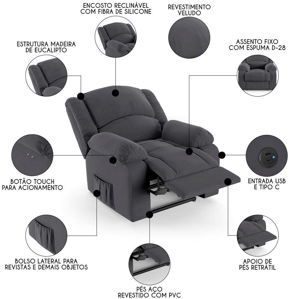 Poltrona Do Papai Reclinável Pietra Power Touch Usb Fh9 Veludo Cinza - Mpozenato