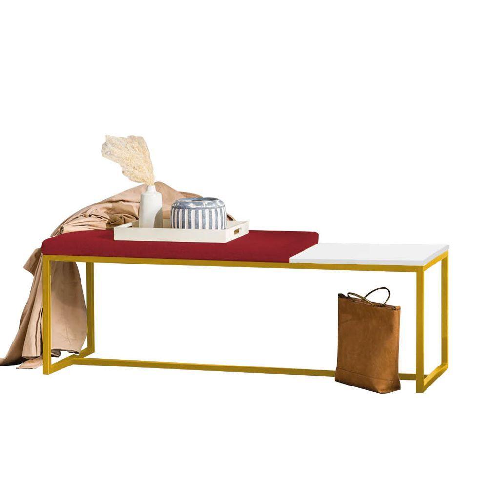 Miniatura Banco Recamier Puff 160cm Industrial Dourado Corino Vermelho Tampo Quadrado Mdf Branco