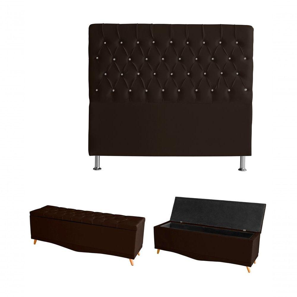 Miniatura Kit Estrela Cabeceira De Cama Box E Calçadeira Baú Pés Palito Botão Cristal Casal 140 Cm Suede Marrom Do Lar Móveis