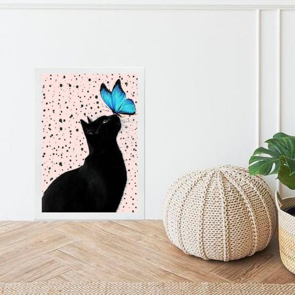Miniatura Quadro Gato Com Borboleta Azul 45X34Cm - Com Vidro