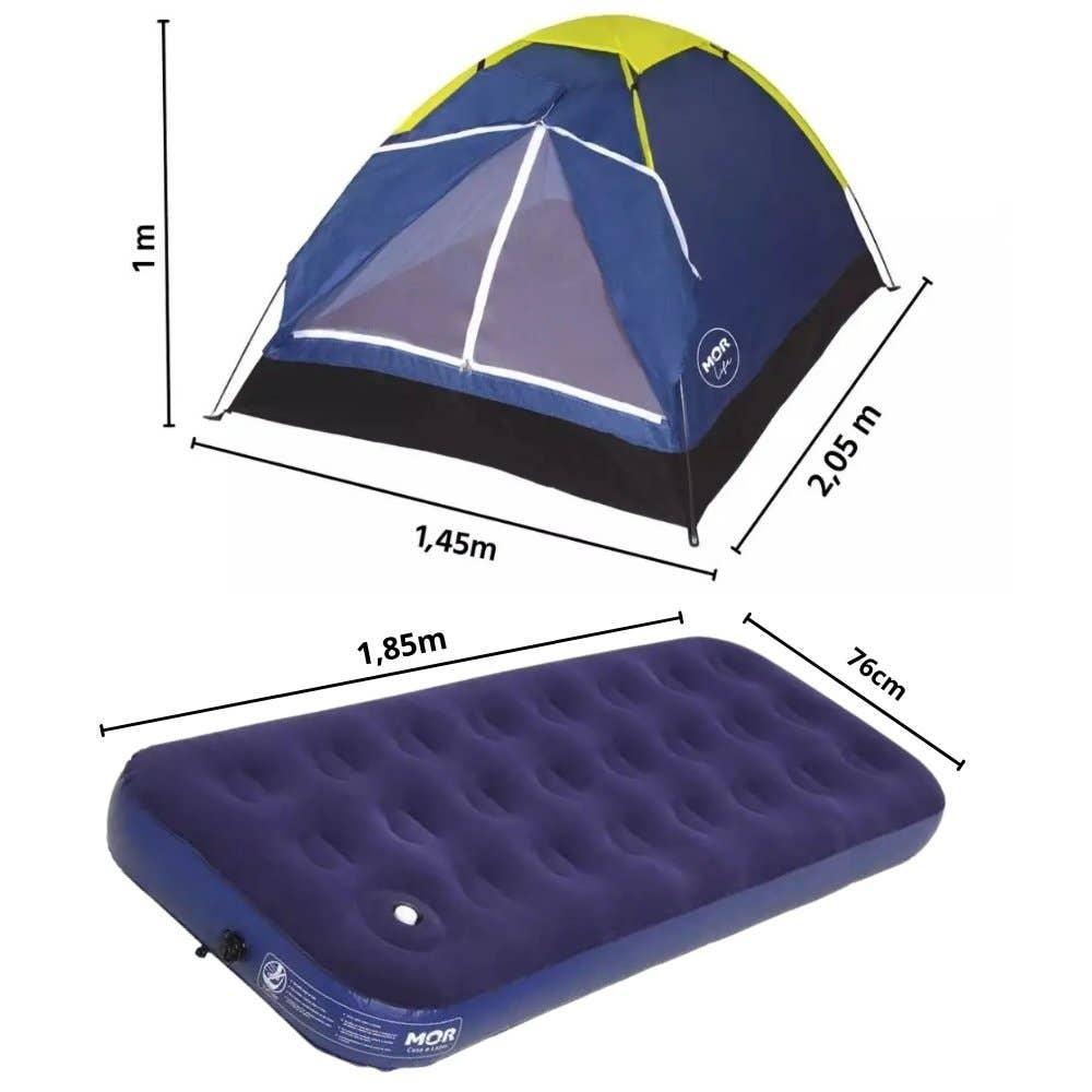 Miniatura Barraca Iglu para Camping 2 Pessoas Azul com Colchão Inflável Solteiro e Inflador Mecânico MOR