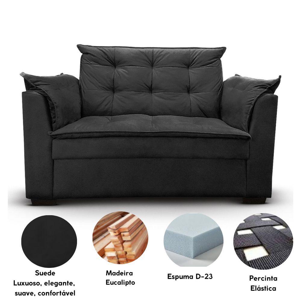 Miniatura Sofá 2 Lugares Para Sala Moderno Confortável ágata Suede preto