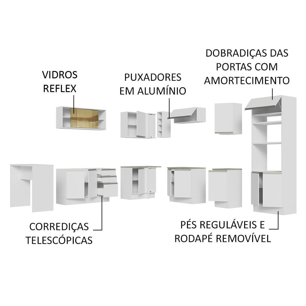 Cozinha Completa de Canto Madesa Glamy 504001 com Armário e Bancada (Sem Tampo e Pia) Branco Cor:Branco