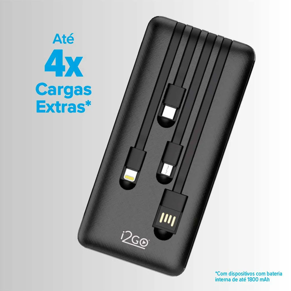 Carregador Portátil (Power Bank) 10000mAh 4 em 1 com Cabos Acoplados (Micro USB, USB-C, Lightning E USB-A) I2GO Plus Preto - Bivolt