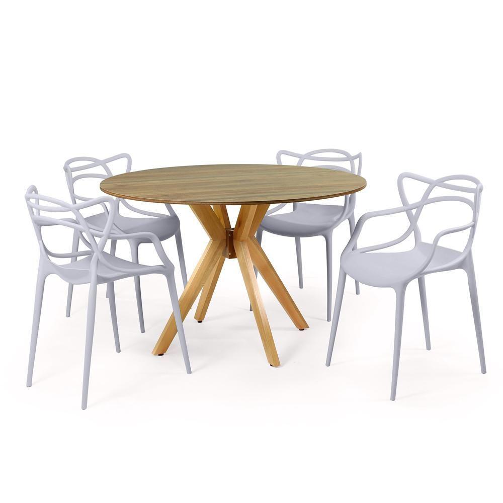 Miniatura Conjunto Mesa De Jantar Redonda Marci Natural 120cm Com 4 Cadeiras Allegra - Cinza
