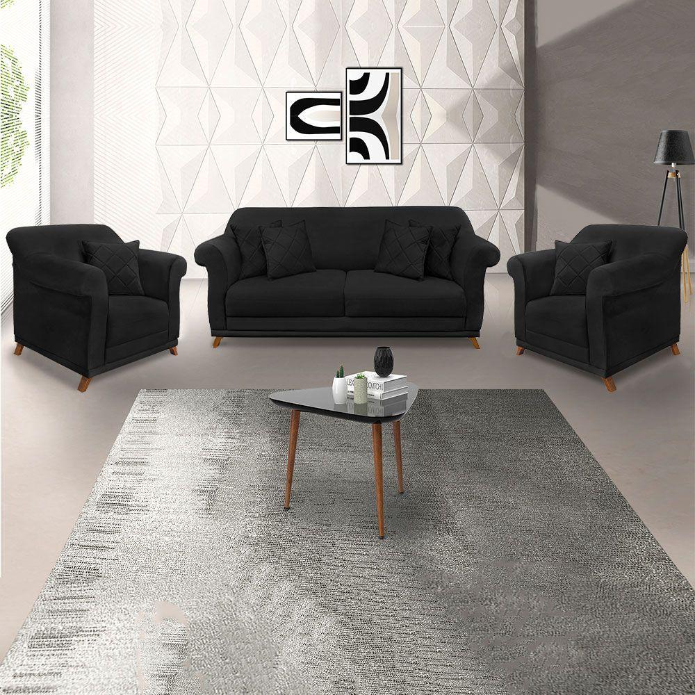 Kit Poltrona E Sofá 2 Lugares 1,60m Suede Pés Castanho Preto