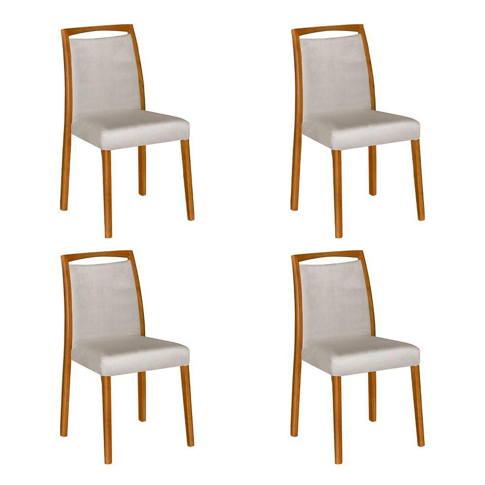 Miniatura Kit 4 Cadeiras De Jantar Estofadas Jade Linho Bege Base Madeira Maciça Mel