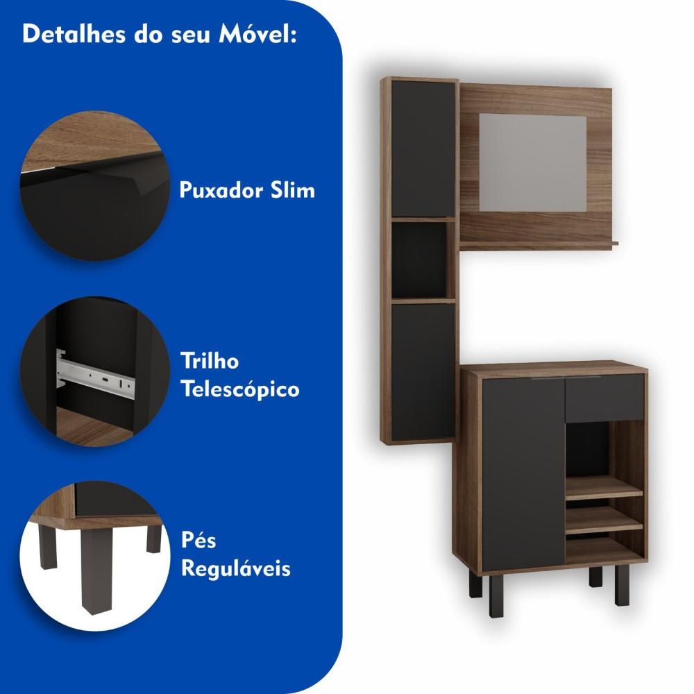 Miniatura Gabinete para Banheiro com Armário Suspenso e Espelheira Kira Estilare Preto/Amadeirado