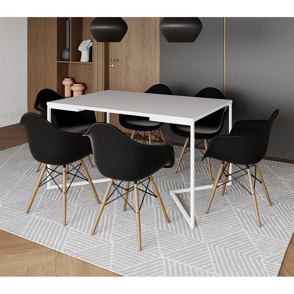 Miniatura Mesa Jantar Industrial Retangular Branca 137X90Cm Base V Ferro Branco Com 6 Poltronaspreta Marrom