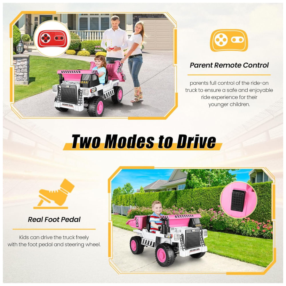 Miniatura Caminhão Basculante Infantil com Controle Remoto, Caçamba Elétrica, Pá, Luz LED e Música via Bluetooth, 12V, Hikole, Branco e Rosa 110v