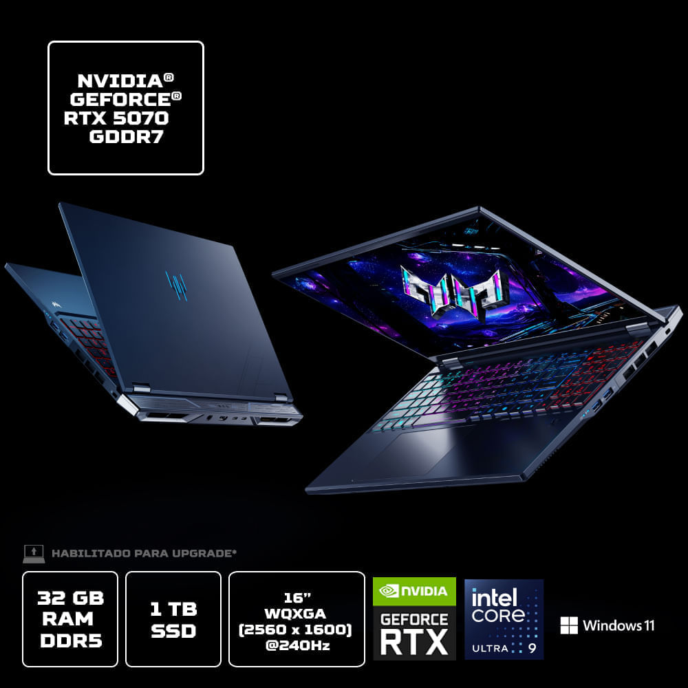 Notebook Gamer Predator Helios Neo 16 AI PHN16-73-96SW Intel® Core™ Ultra 9 275HX 32GB RAM 1TB SSD RTX 5070 16”