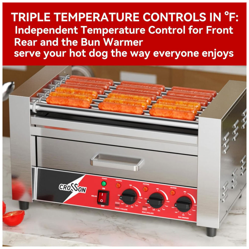 Miniatura Máquina de Salsicha Hot Dog Grill CROSSON, 7 rolos antiaderentes, aquecedor de pães, comercial, inox 304, 110V, 1350W, ideal para cozinhar 110v