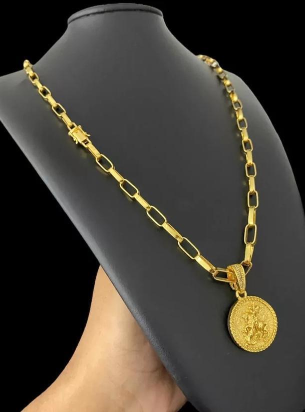 Miniatura Cordão Tijolinho 6Mm Pingente São Jorge - Banhado Ouro 18K