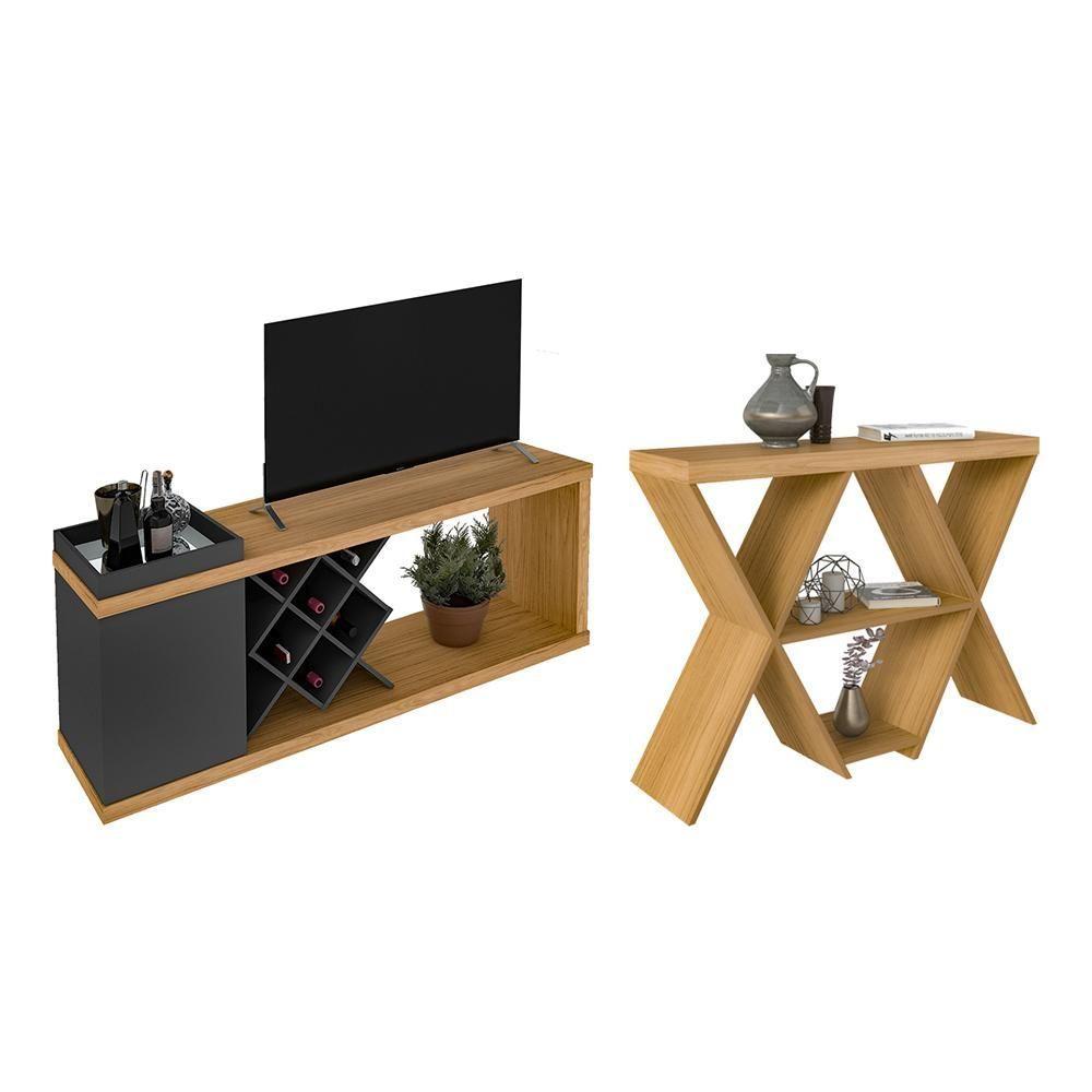 Miniatura Conjunto Rack Bar E Aparador Melbourne Carvalho Grafite