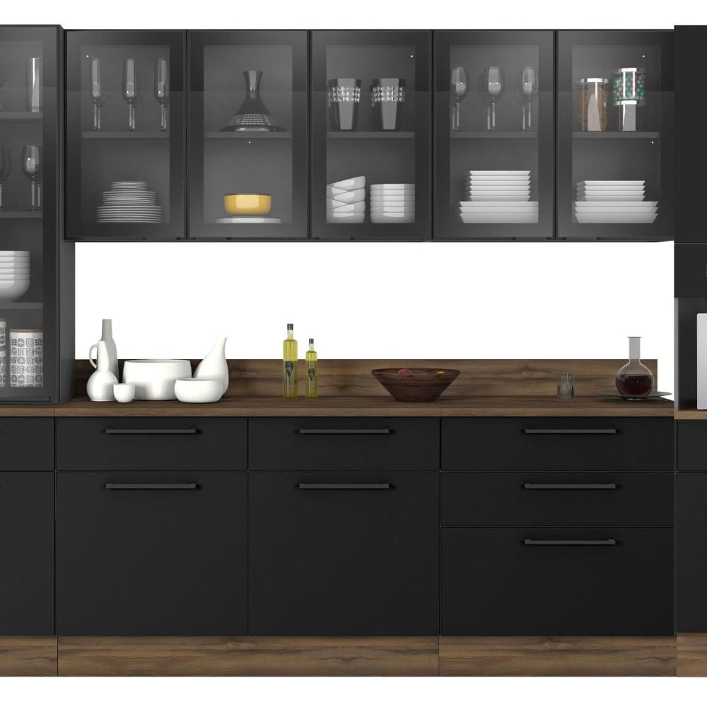 Miniatura Cozinha Modulada em Aço 7 Peças com Paneleiro Forno e Cristaleira Rodapé em PVC Exclusive Grafite/Preto Matt