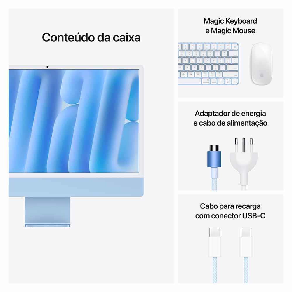 iMac 24", Tela Retina 4.5K Apple, Processador M4, (16GB RAM, SSD de 256GB) - Azul Bivolt