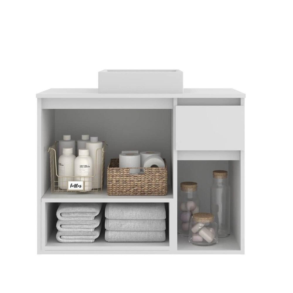 Miniatura Gabinete Banheiro Suspenso 80cm Aurora com 03 Portas 01 Gaveta e Nicho com Cuba Branco