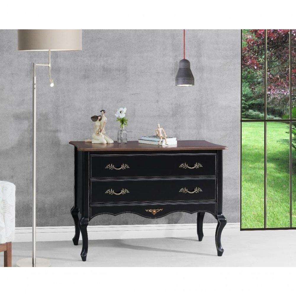 Miniatura Cômoda Clássica 2 Gavetas Lisa - Fleischmann Preto Fundo Branco - Puxador Dubay Dourado Brilho