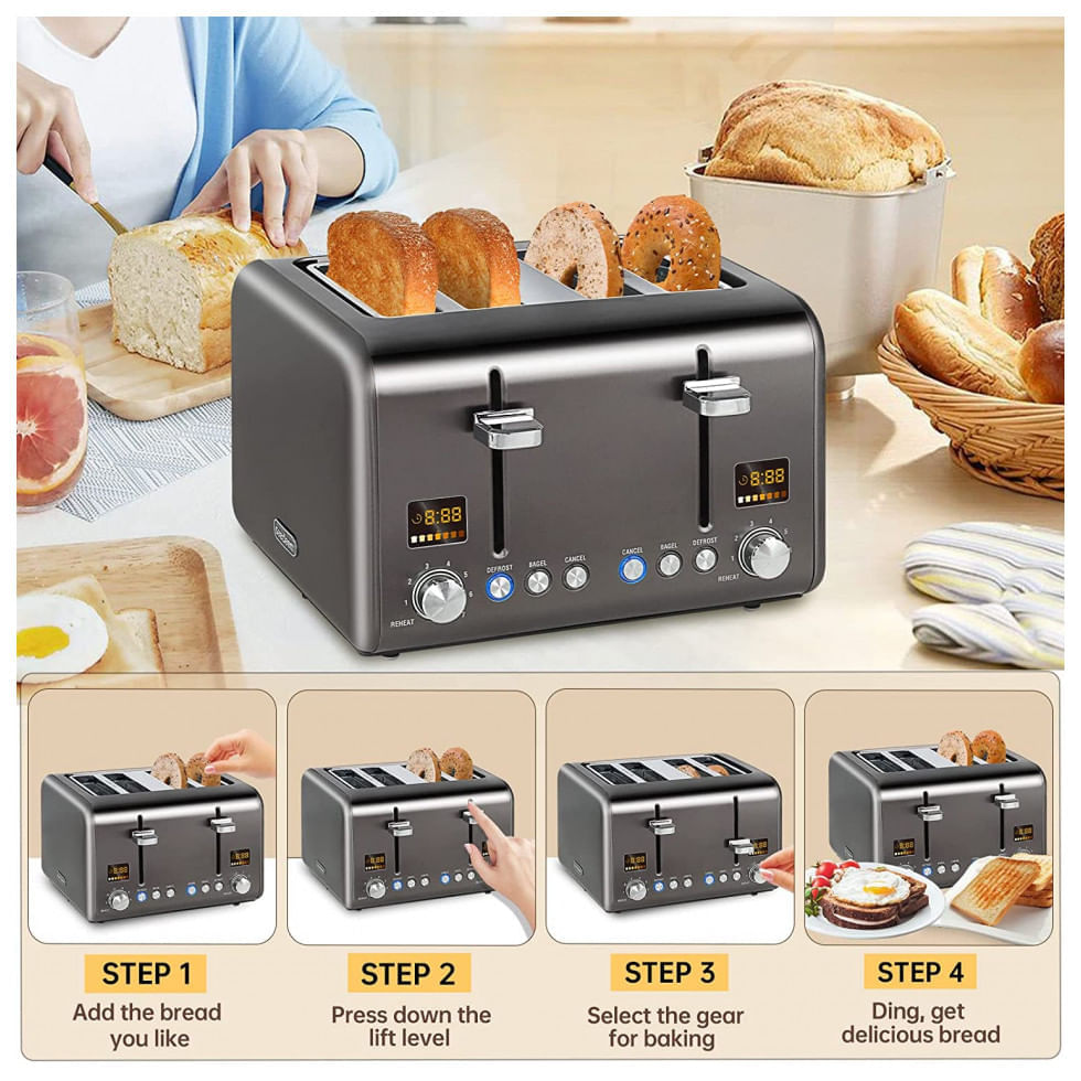 Miniatura Torradeira Elétrica 4 Fatias, Aço Inoxidável 1800W, 110v, SEEDEEM, Cinza escuro
