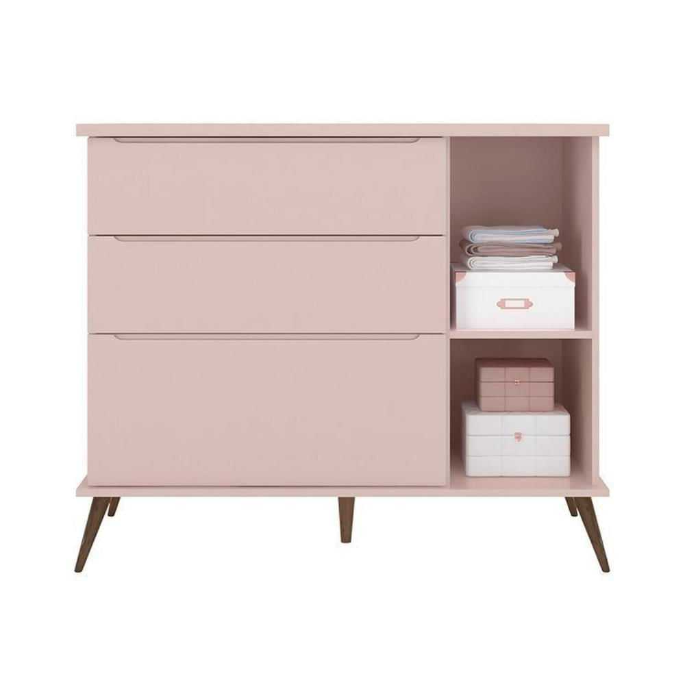 Conjunto Quarto Infantil com Guarda-roupa 3 Portas e Cômoda com Sapateira Melinda 100% Mdf Rosa
