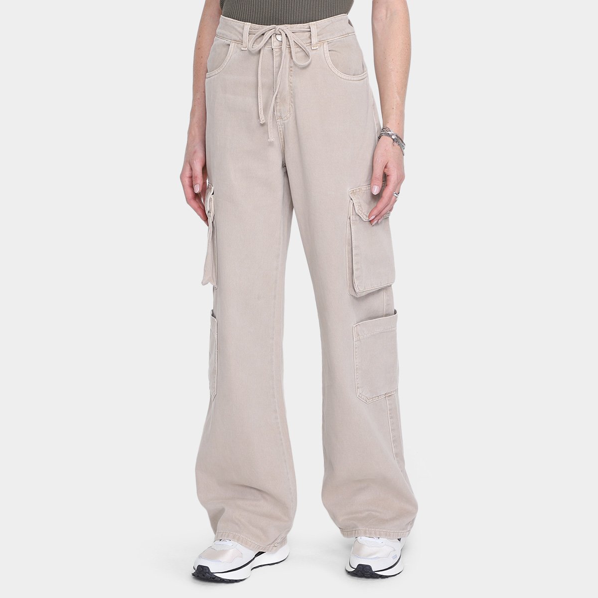 Miniatura Calça Wide Leg Sawary Casual Feminina Bege - 36