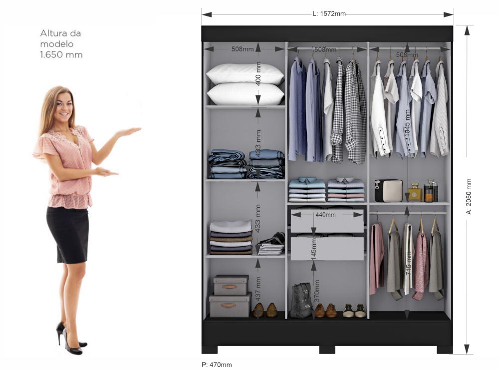 Guarda Roupa Casal com Espelho 3 Portas Atenas Yescasa Preto