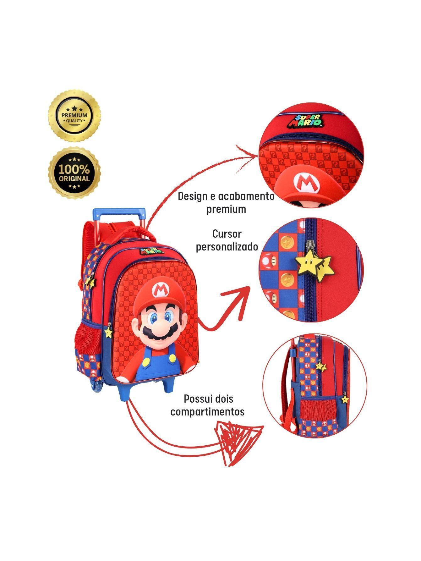 Miniatura Kit Escola Super Mario Mochila Roda Lancheira Estojo - Azul