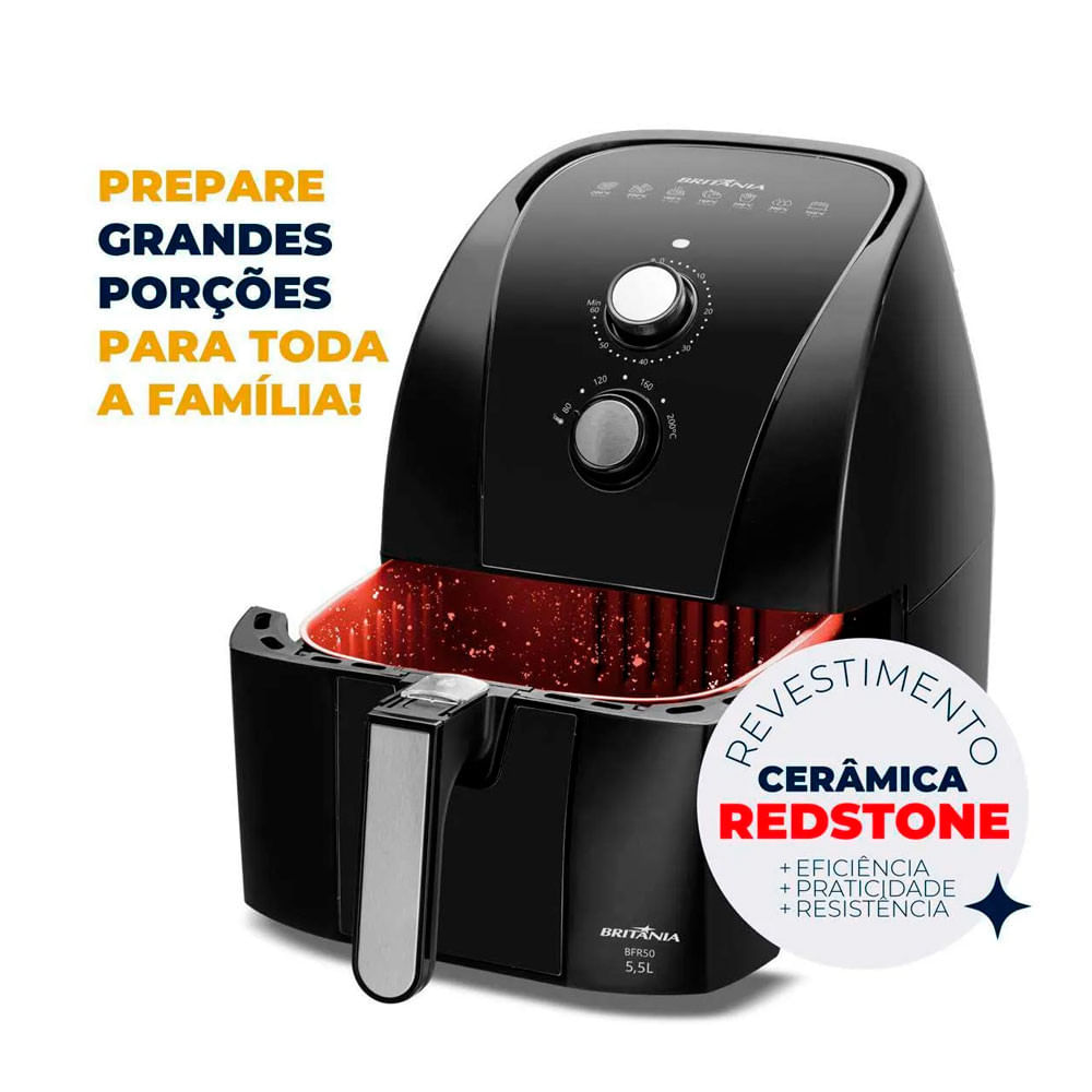 Fritadeira Elétrica Sem Óleo Air Fryer Britânia 5.5L 1500W BFR50 Redstone com Inox Preto - 110V